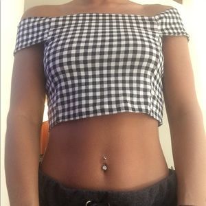 Gingham print crop top off the shoulder